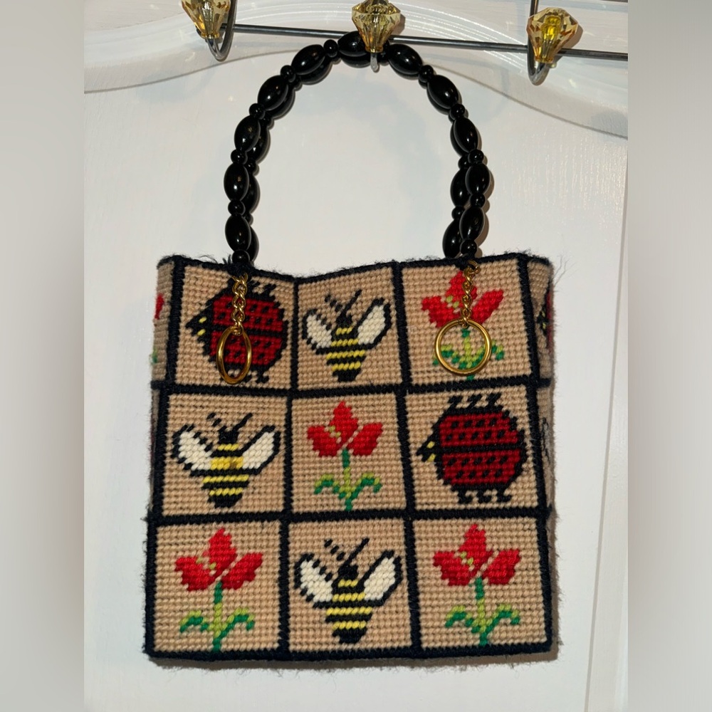 Vintage Lined Ladybug, Flower and Bees Needlepoint With Acrylic Handles